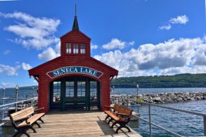 Red Building on dock on Seneca Lake
