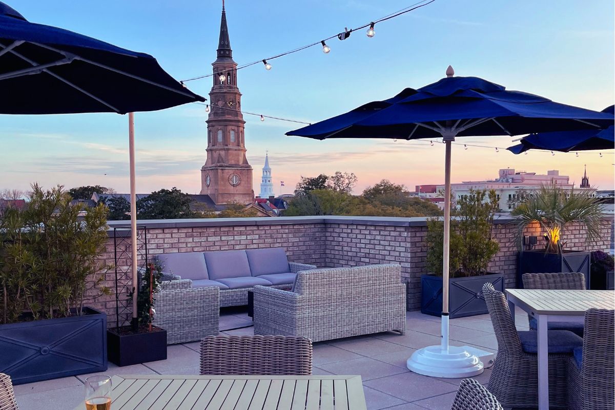 View of a church steeple from the Loutrel rooftop